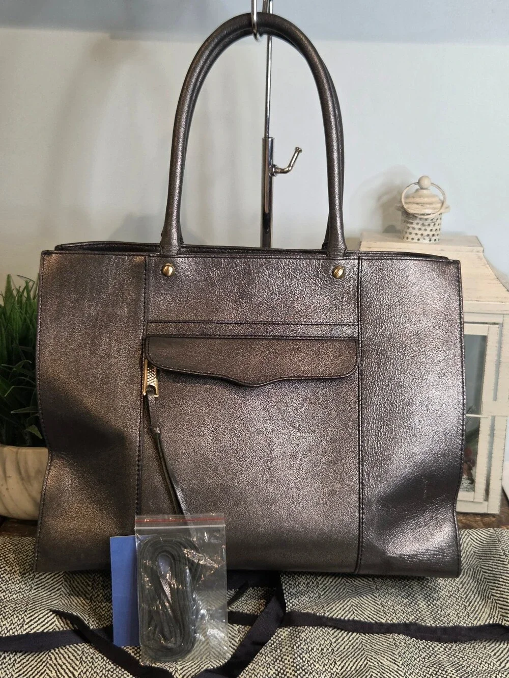 Rebecca Minkoff Medium MAB Tote Metallic Pewter Gunmetal Leather Bag